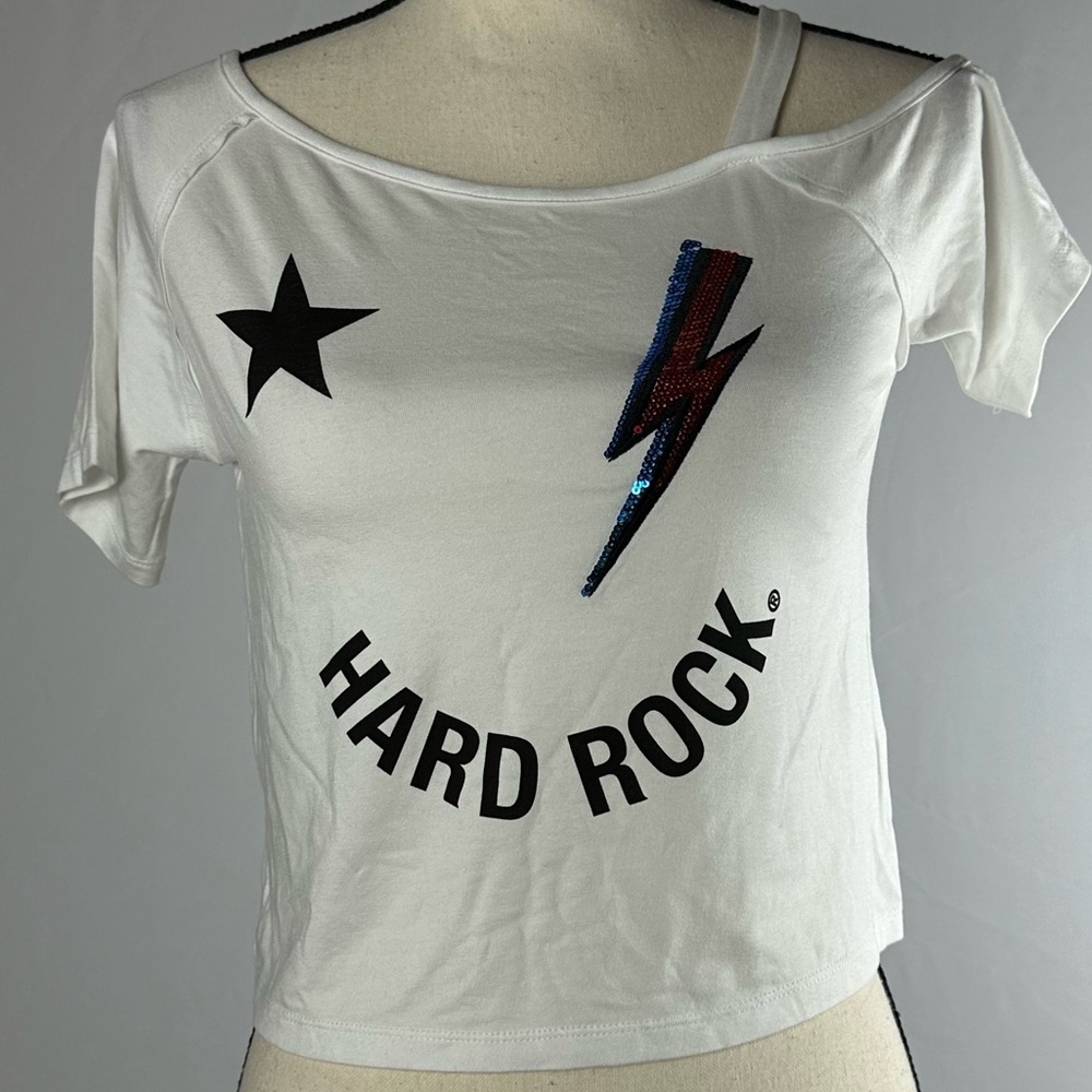 Hard Rock Cafe top in white with a bold sequin graphic print - size L